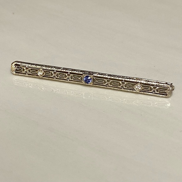 Antique 14K Gold Art Deco Iolite & Sapphire Bar Brooch